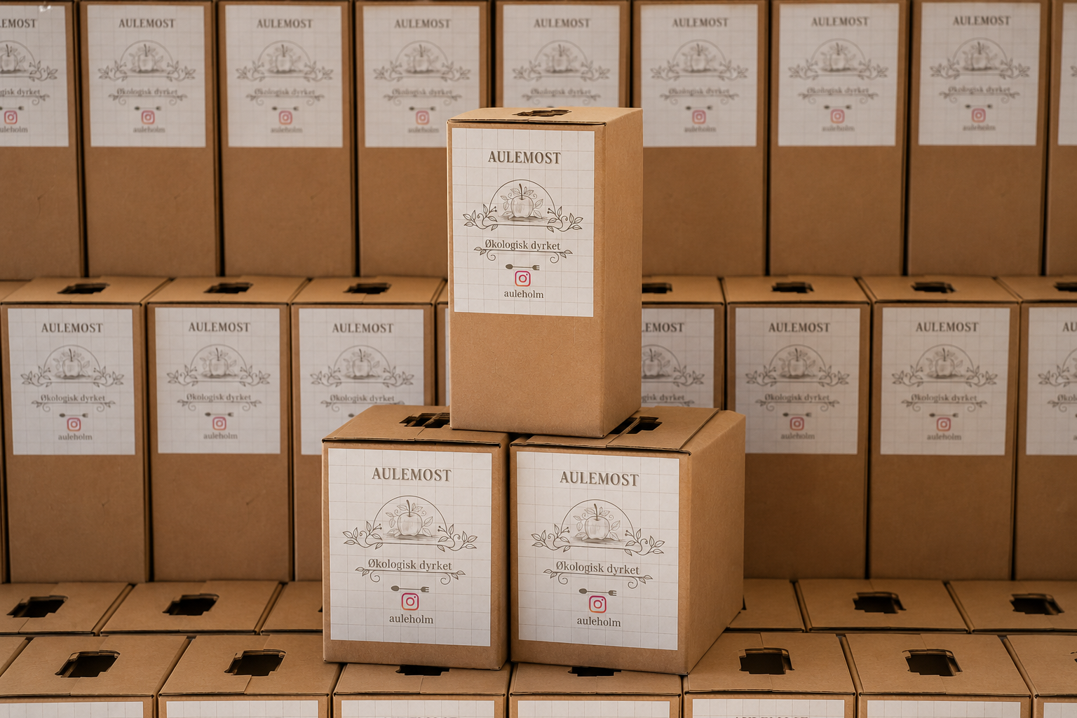 Aulemost — flasker og kasser på Auleholm